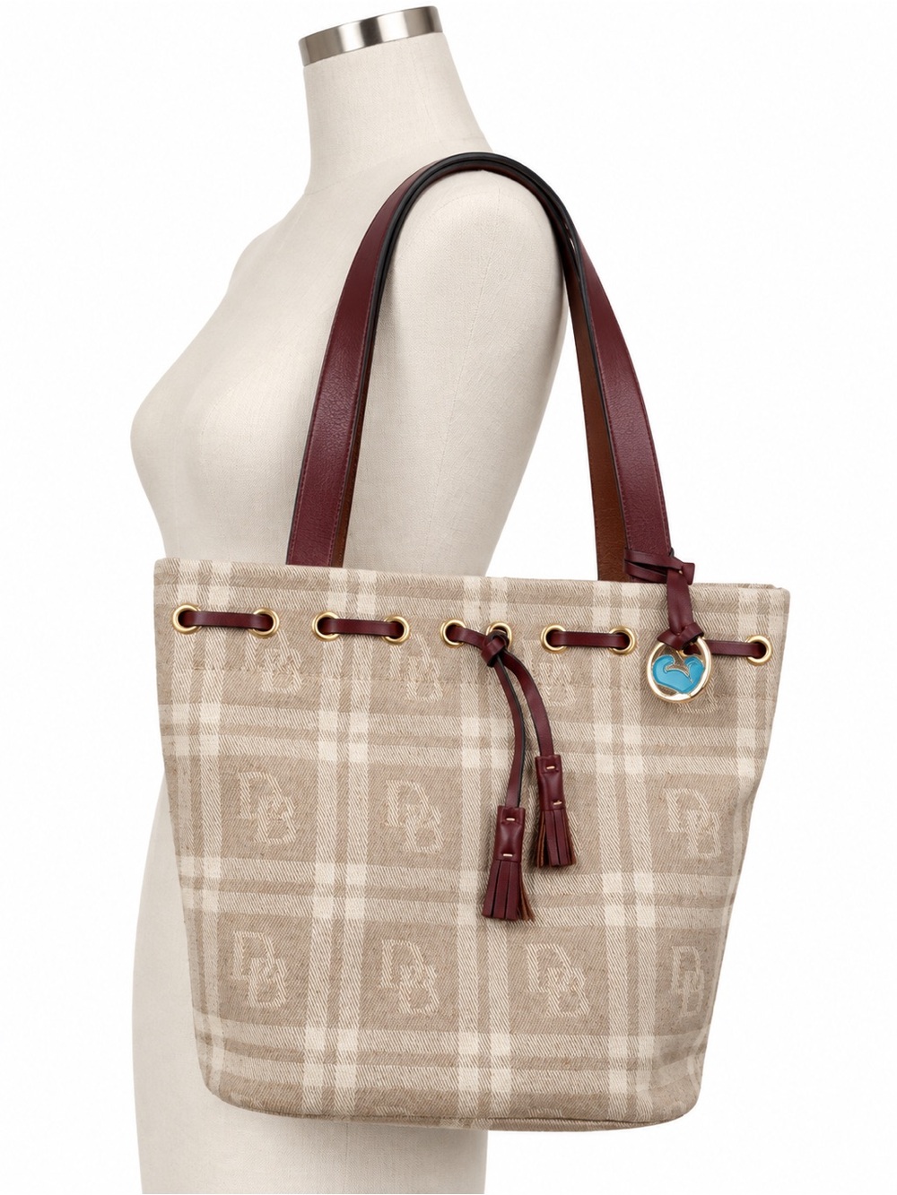 NWOT Dooney and Brourke Leather-Trimmed Beige Plaid Tote with Burgundy Handles